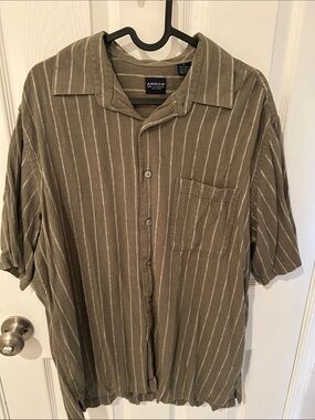 Arrow Olive and Cream Striped Short-Sleeve Button-Up Shirt